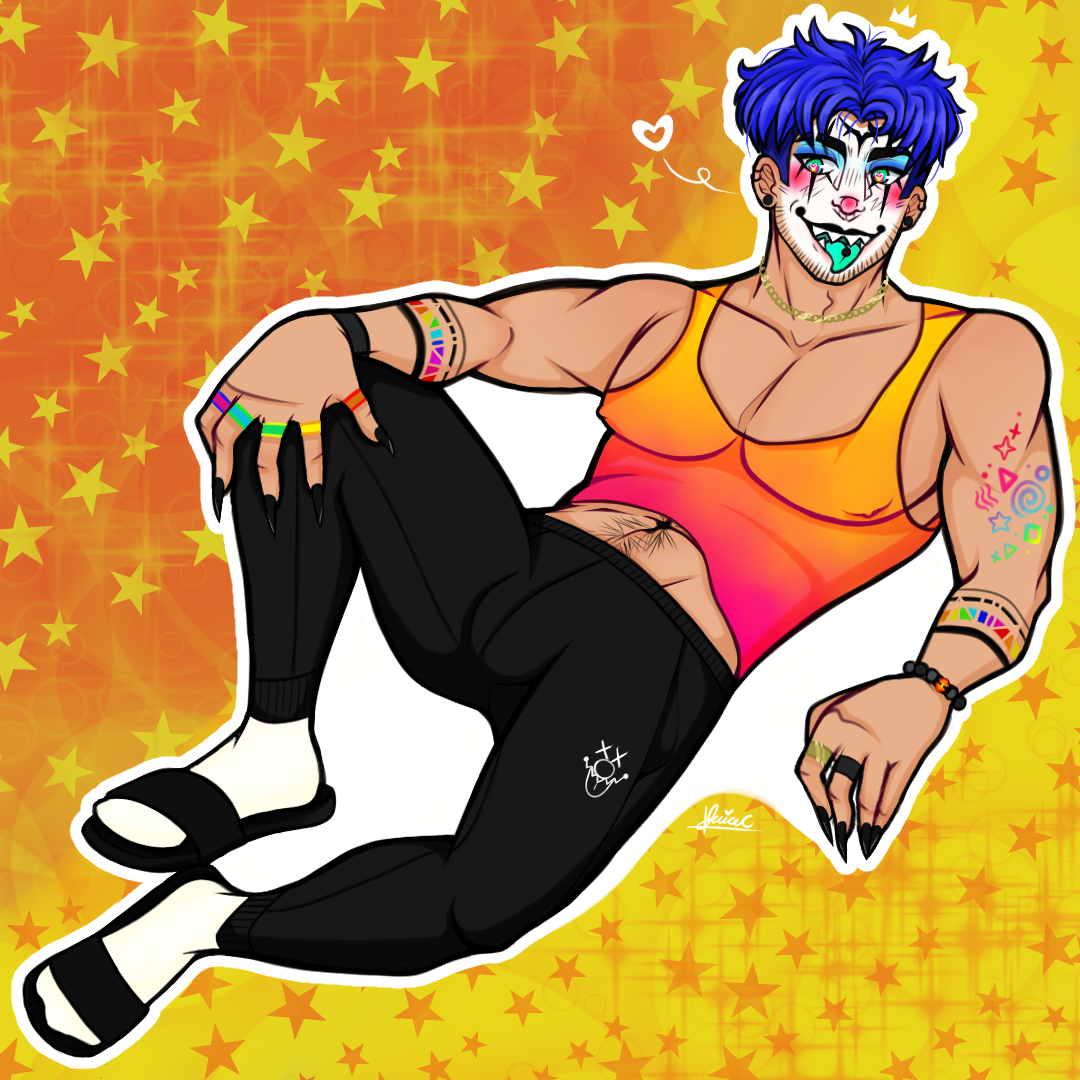 A bright digital drawing of a reclined clown.